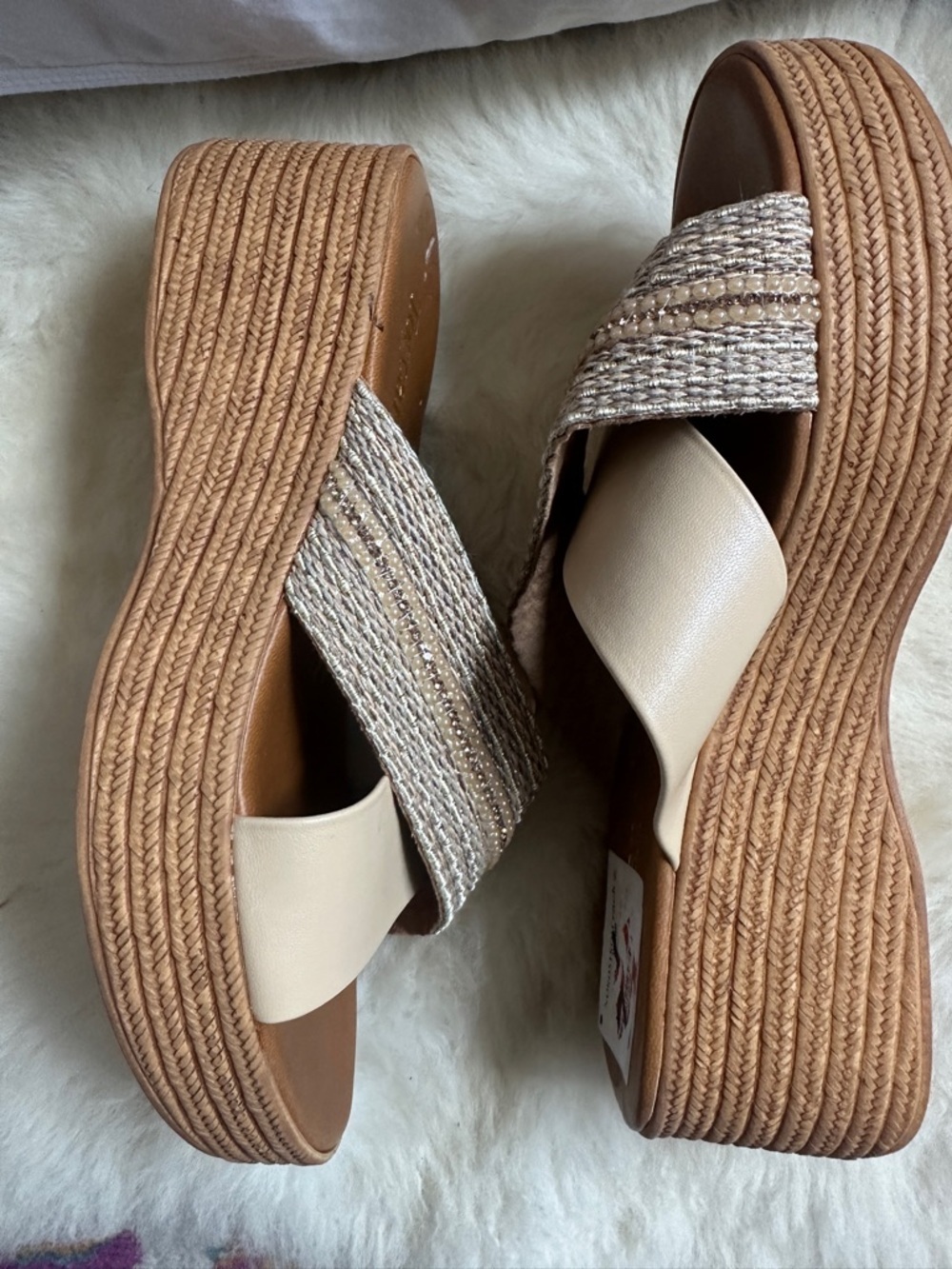 Toscanella Neutral Braided Crisscross Beige Cream Boho Slip On Sandals - Picture 6 of 9